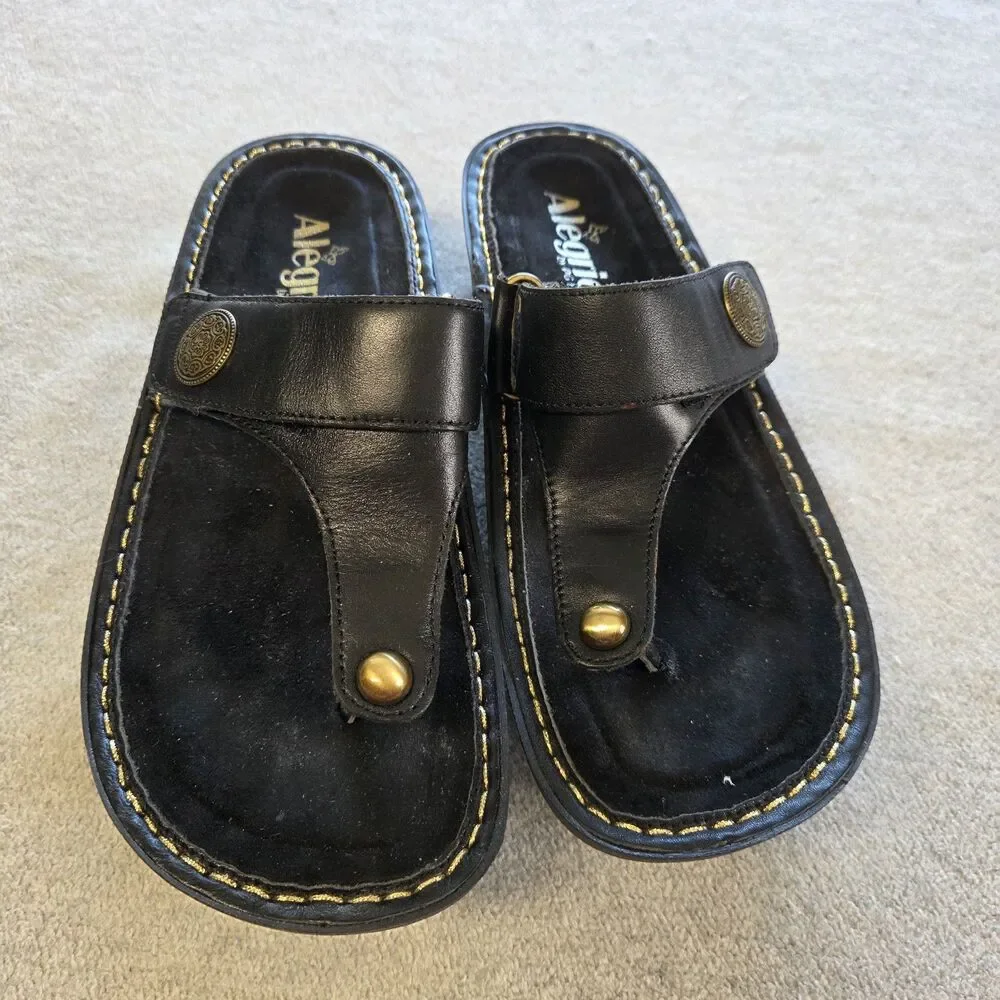 Alegria Carina Thong Leather Sandals Black Coal CAR-7406 Womens Size 37 Boho